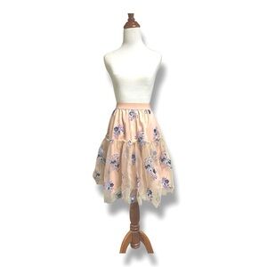 Eva Franco Anthropologie Embroidered Tulle Skirt Pink Floral Size S